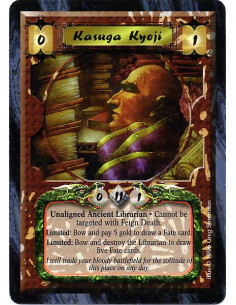 Kasuga Kyoji  - Unaligned Ancient Librarian Cannot be targeted with Feign Death. Limited: Bow and pay 5 gold to draw a Fate card