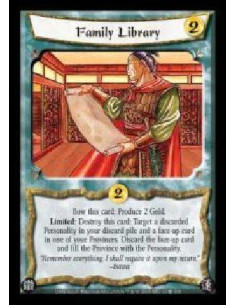 Family Library  - Bow this card: Produce 2 Gold. Limited: Destroy this card: Target a discarded Personality in your discard pile