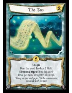 The Tao (Spanish)  - Unique. Bow this card: Produce 2 Gold. Elemental Open: Bow this card: Once per turn, straighten all Rings