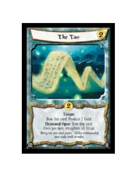 The Tao (Spanish)  - Unique. Bow this card: Produce 2 Gold. Elemental Open: Bow this card: Once per turn, straighten all Rings