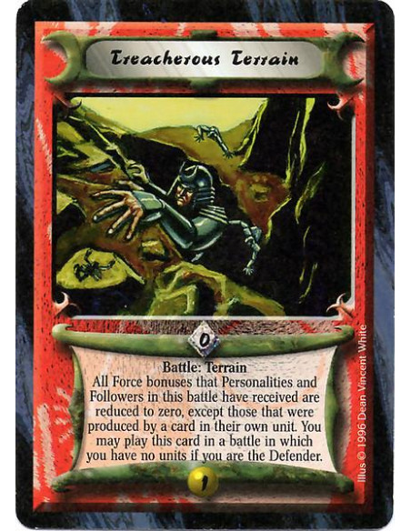 Treacherous Terrain  - Battle: Terrain If you are the Defender, you may play this card during a battle in which you have no unit