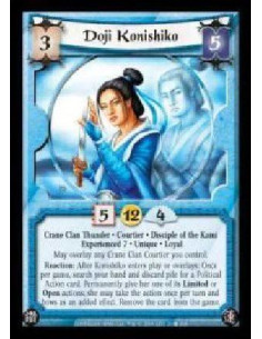 Doji Konishiko Exp7 (Español)  - Crane Clan Thunder · Courtier · Disciple of the Kami · Experienced 7 · Unique · Loyal. May over