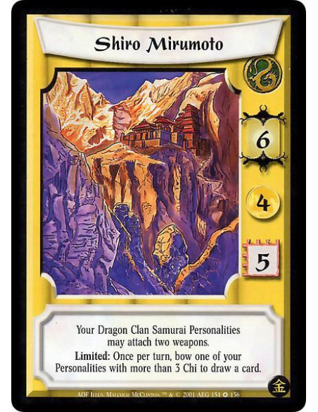 Shiro Mirumoto  - Your Dragon Clan Samurai may attach two Weapons. Limited: Once per turn, bow one of your Personalities with mo