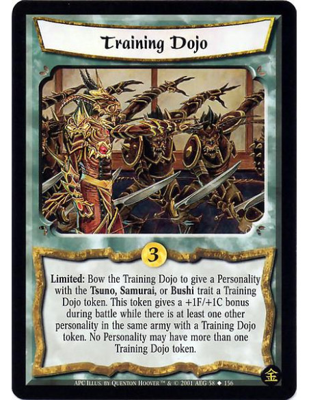 Training Dojo  - Limited: Bow the Training Dojo to give a Personality with the Tsuno, Samurai, or Bushi trait a Training Dojo to