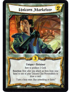 Unicorn Marketeer FOIL  - Retainer. Unique Bow Unicorn Marketeer to produce 2 Gold. Reaction: After you attach an Item from your