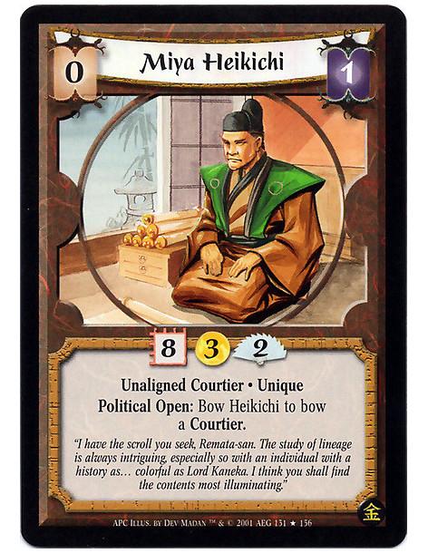 Miya Heikichi (Francés)  - Unaligned Courtier. Unique Political Open: Bow Heikichi to bow a Courtier.