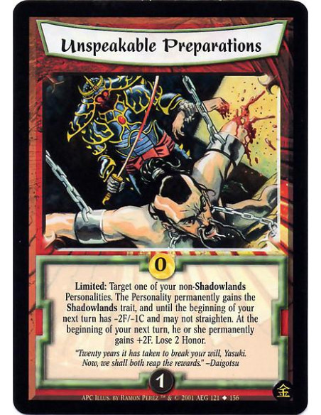 Unspeakable Preparations  - Limited : Target one of your non-Shadowlands personalities. The Personality permanently gains the Sh