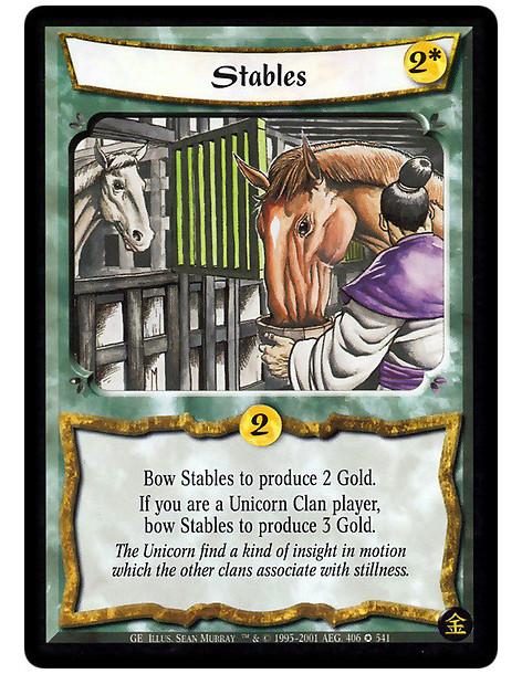 Stables  - Stables. Bow this card: Produce 2 Gold, or 3 Gold if you are a Unicorn Clan player.