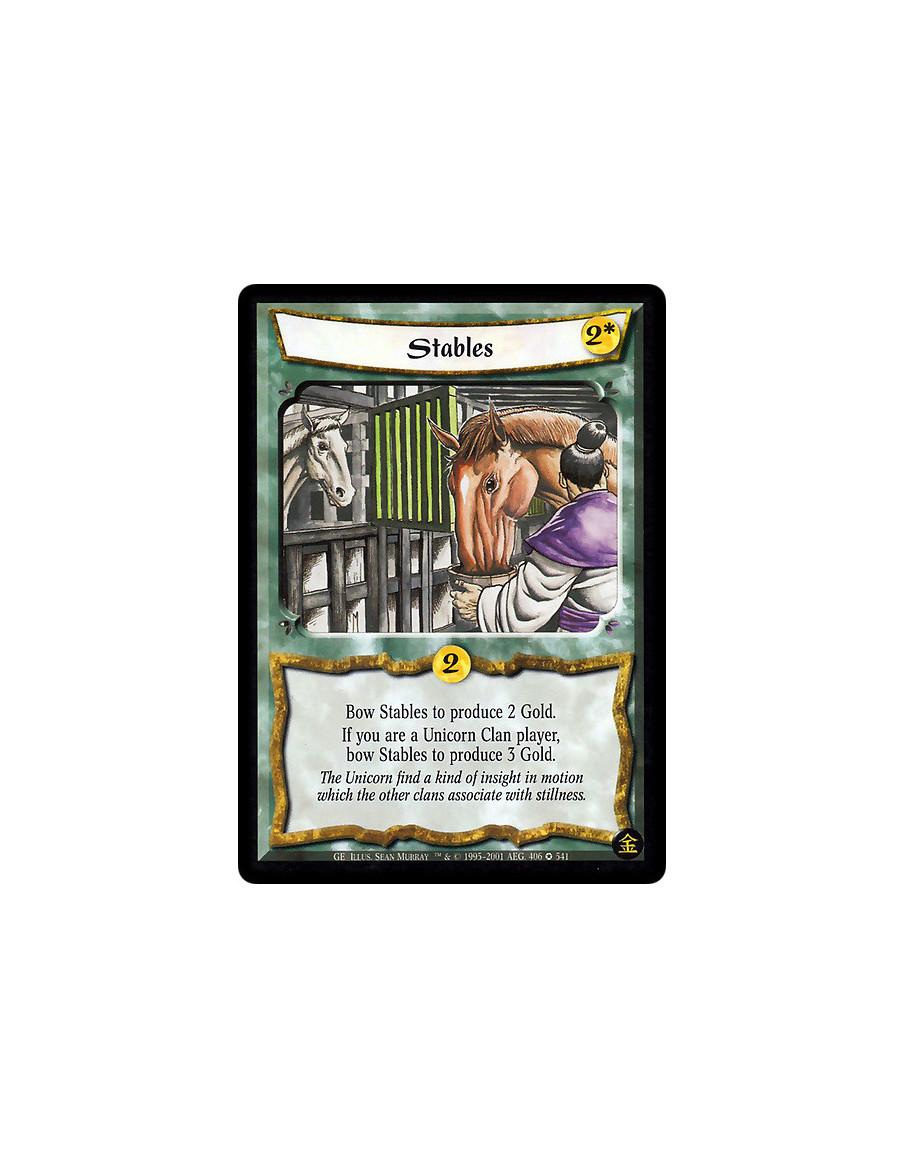 Stables  - Stables. Bow this card: Produce 2 Gold, or 3 Gold if you are a Unicorn Clan player.