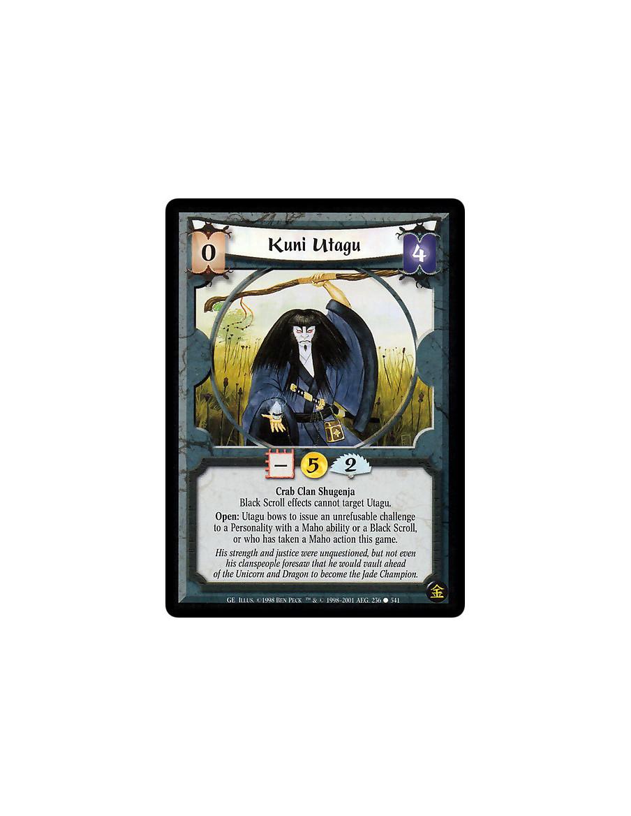 Kuni Utagu  - Crab Clan Shugenja Black Scroll effects cannot target Utagu. Open: Bow Utagu to issue an unrefusable challenge to 