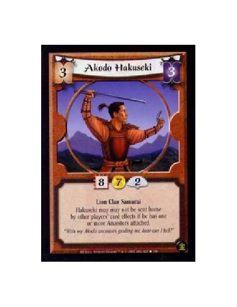Akodo Hakuseki (Francés)  - Lion Clan Samurai Hakuseki may may not be sent home by other players' card effects if he has one or 