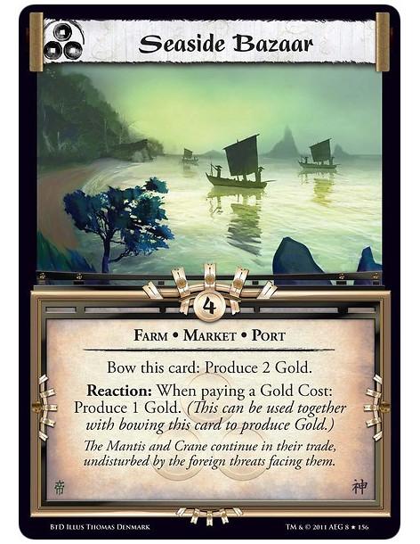 Seaside Bazaar  - Farm • Market • PortBow this card: Produce 2 Gold. Reaction: When paying a Gold Cost: Produce 1 Gold. (This ca