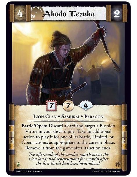 Akodo Tezuka (Español)  - Lion Clan • Samurai • ParagonBattle/Open: Discard a card and target a Bushido Virtue in your discard p