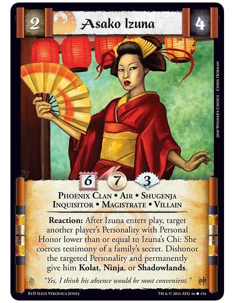 Asako Izuna (Spanish)  - Phoenix Clan • Air • Shugenja • Inquisitor • Magistrate • VillainReaction: After Izuna enters play, tar