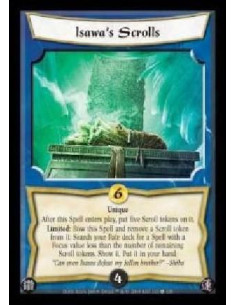 Isawa's Scrolls (Spanish)  - Unique. After this Spell enters play, put five Scroll tokens on it. Limited: Bow this Spell and rem