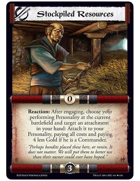 Stockpiled Resources (Spanish)  - Reaction: After engaging, choose your performing Personality at the current battlefield and ta