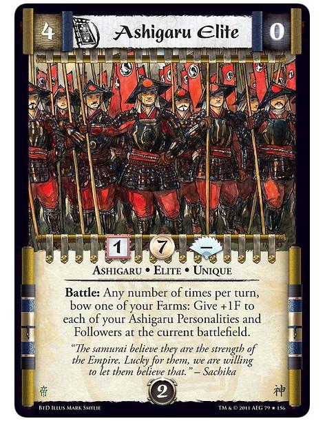 Ashigaru Elite  - Ashigaru • Elite • UniqueBattle: Any number of times per turn, bow one of your Farms: Give +1F to each of your