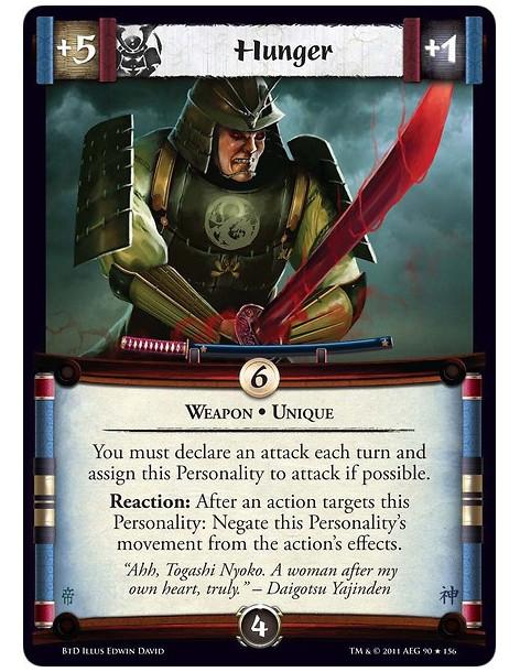 Hunger (Spanish)  - Weapon • UniqueYou must declare an attack each turn and assign this Personality to attack if possible. React