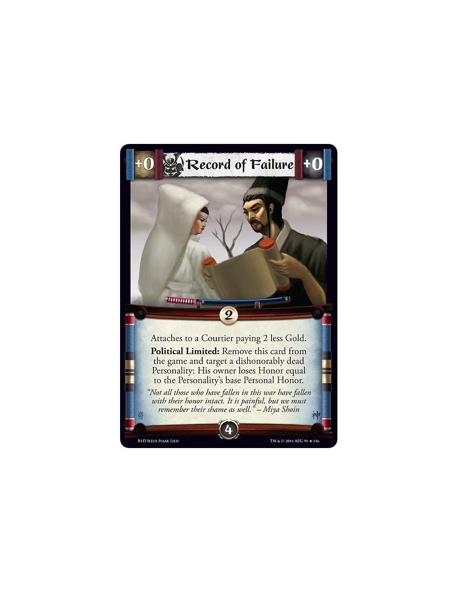 Record of Failure  - Attaches to a Courtier paying 2 less Gold.Political Limited: Remove this card from the game and target a di