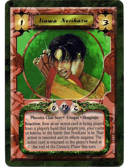 Isawa Norikazu  - Phoenix Clan Seer. Unique. Shugenja Reaction: Bow as an action card is being played from a player's hand that 