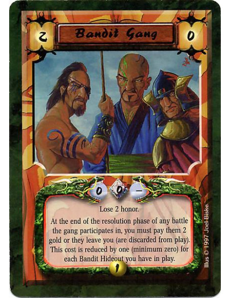 Bandit Gang  - Lose 2 honor. At the end of the resolution phase of any battle the gang participates in, you must pay 2 gold or t