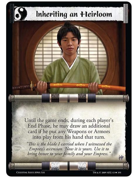 Inheriting an Heirloom (Spanish)  - Until the game ends, during each player's End Phase, he may draw an additional card if he pu