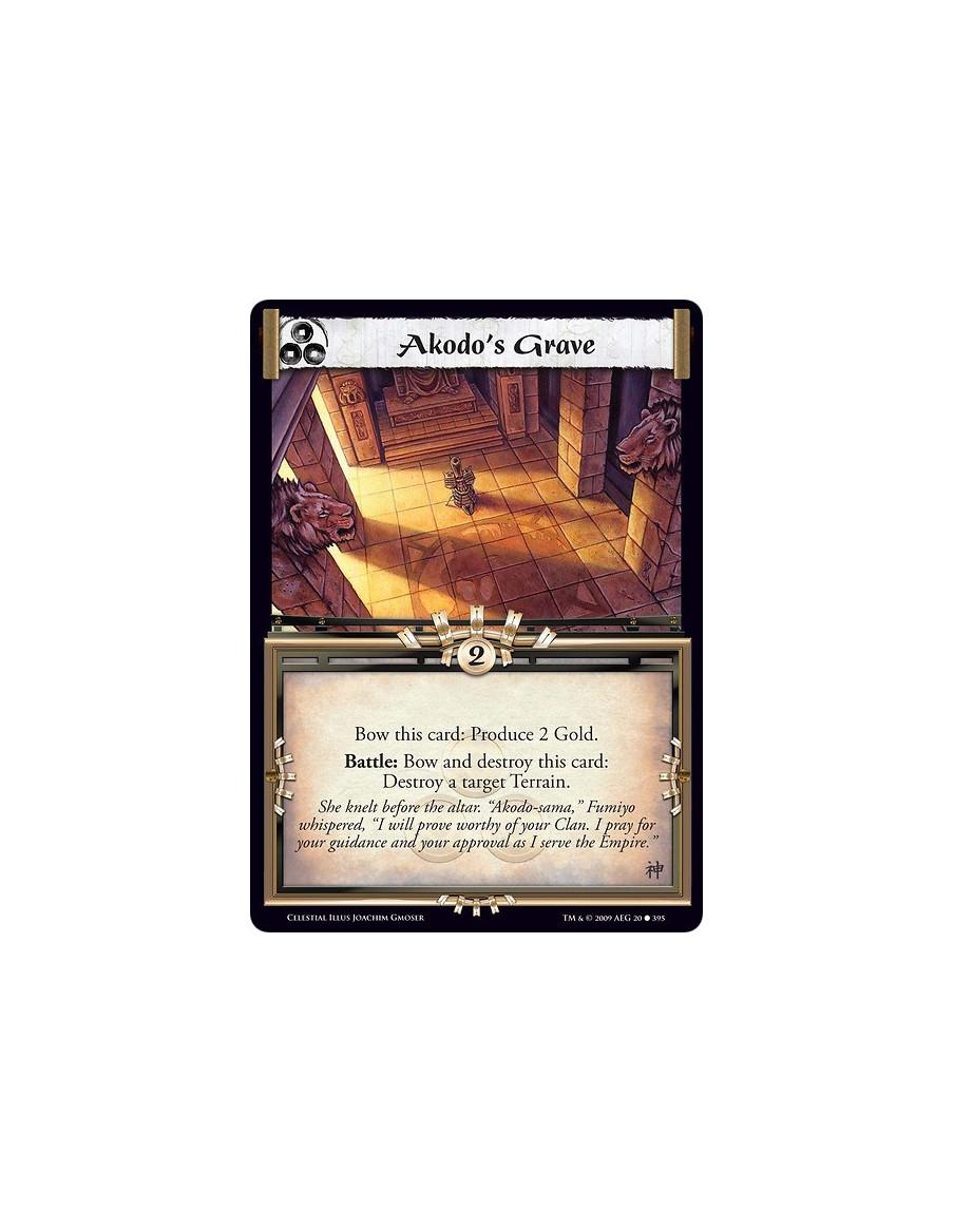 Akodo's Grave (Spanish)  - Bow this card: Produce 2 Gold. Battle: Bow and destroy this card: Destroy a target Terrain.