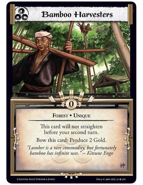 Bamboo Harvesters  - Forest • Unique This card will not straighten before your second turn. Bow this card: Produce 2 Gold.