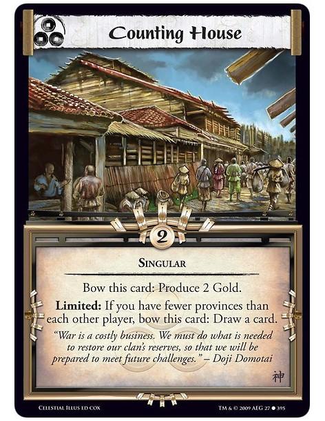 Counting House (Spanish)  - Singular Bow this card: Produce 2 Gold. Limited: If you have fewer provinces than each other player,