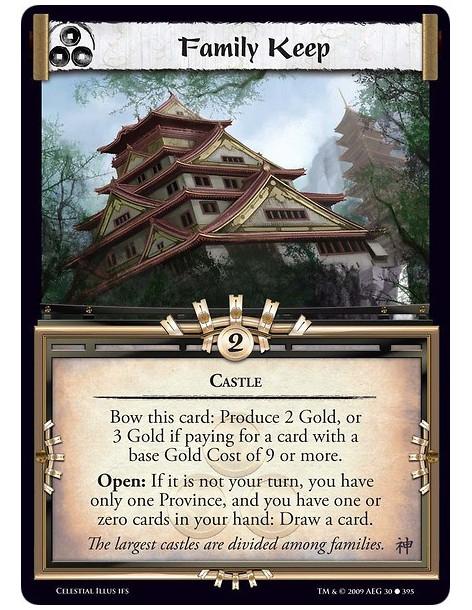 Family Keep (Spanish)  - Castle Bow this card: Produce 2 Gold, or 3 Gold if paying for a card with a base Gold Cost of 9 or more