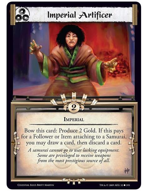 Imperial Artificer (Español)  - Imperial Bow this card: Produce 2 Gold. If this pays for a Follower or Item attaching to a Samur
