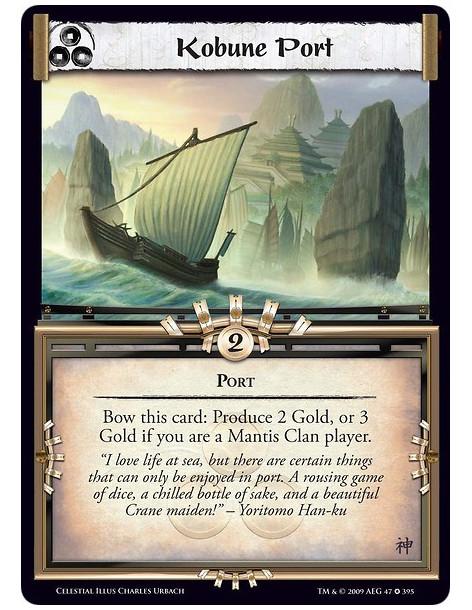 Kobune Port (Spanish)  - Port Bow this card: Produce 2 Gold, or 3 Gold if you are a Mantis Clan player.