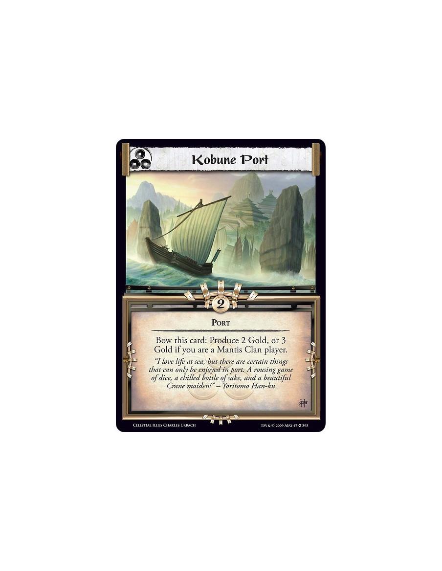 Kobune Port (Español)  - Port Bow this card: Produce 2 Gold, or 3 Gold if you are a Mantis Clan player.