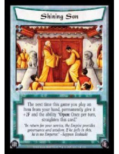 Shining Son  - The next time this game you play an Item from your hand, permanently give it +2F and the ability ?Open: Once per 