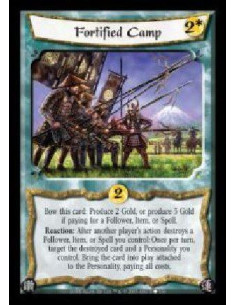 Fortified Camp  - Bow this card: Produce 2 Gold, or produce 3 Gold if paying for a Follower, Item, or Spell. Reaction: After ano