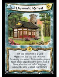 Diplomatic Retreat  - Bow this card: Produce 2 Gold. Open: Bow this card and a Courtier Personality you control: If it is anothe