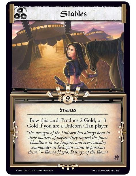 Stables (Español)  - Stables Bow this card: Produce 2 Gold, or 3 Gold if you are a Unicorn Clan player.