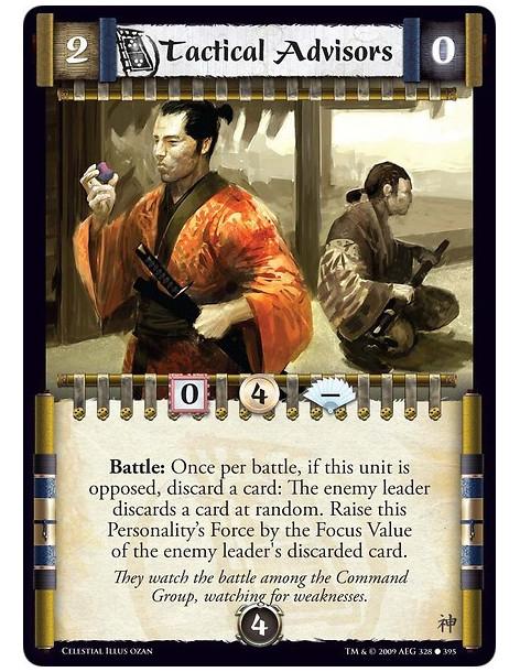 Tactical Advisors  - Battle: Once per battle, if this unit is opposed, discard a card: The enemy leader discards a card at rando