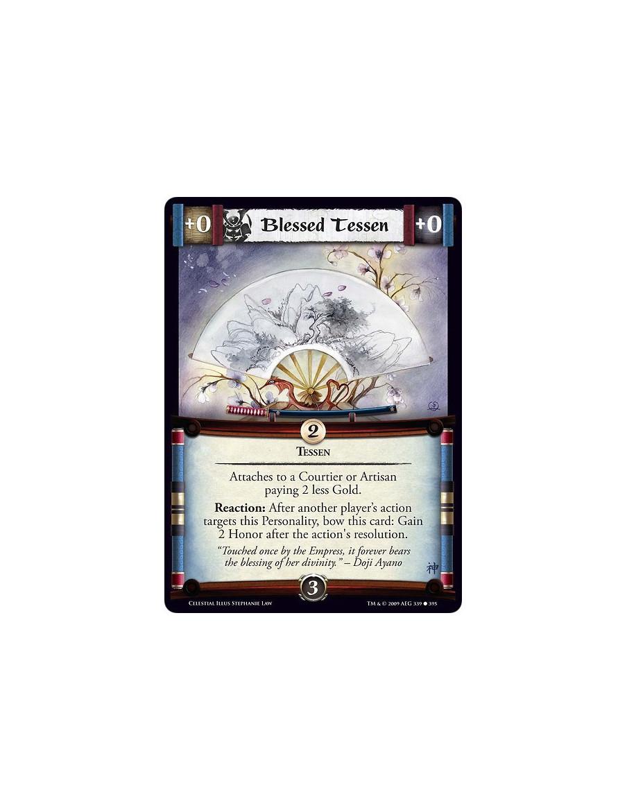 Blessed Tessen (Spanish)  - Attaches to a Courtier or Artisan paying 2 less Gold. Reaction: After another player’s action target