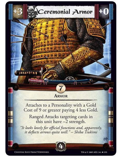 Ceremonial Armor (Spanish)  - Armor Attaches to a Personality with a Gold Cost of 9 or greater paying 4 less Gold. Ranged Attack