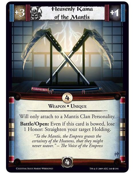 Heavenly Kama of the Mantis (Spanish)  - Weapon • Unique Will only attach to a Mantis Clan Personality. Battle/Open: Even if thi
