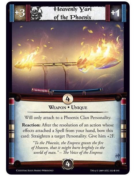 Heavenly Yari of the Phoenix (Español)  - Weapon • Unique Will only attach to a Phoenix Clan Personality. Reaction: After the re