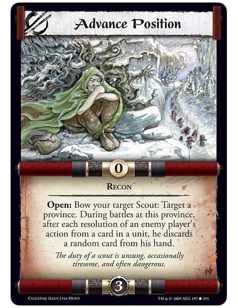 Advance Position (Español)  - Recon Open: Bow your target Scout: Target a province. During battles at this province, after each 