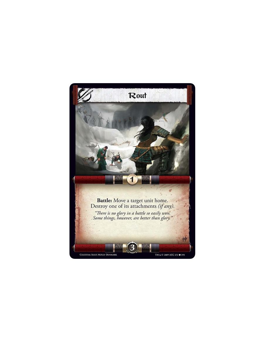 Rout (Español)  - Battle: Move a target unit home. Destroy one of its attachments (if any).