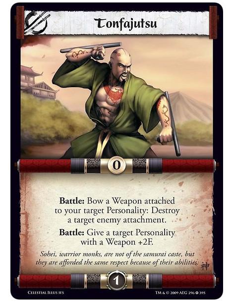 Tonfajutsu (Spanish)  - Battle: Bow a Weapon attached to your target Personality: Destroy a target enemy attachment. Battle: Giv