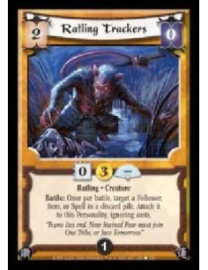 Ratling Trackers (Spanish)  - Ratling · Creature. Battle: Once per battle, target a Follower, Item, or Spell in a discard pile. 