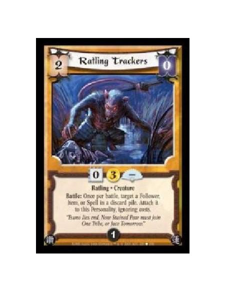 Ratling Trackers (Español)  - Ratling · Creature. Battle: Once per battle, target a Follower, Item, or Spell in a discard pile. 