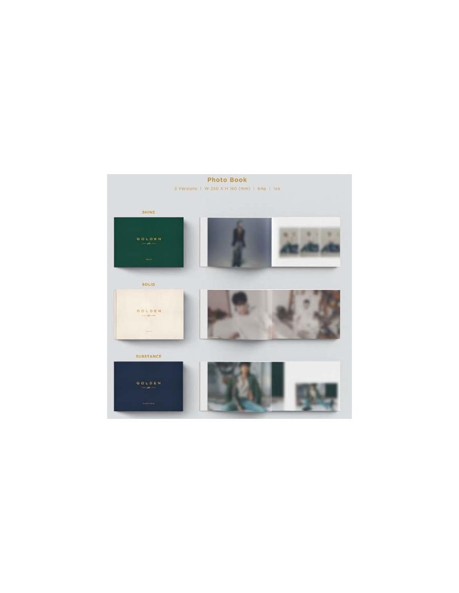 JUNGKOOK - Golden (1st Solo Album)  - 
Opciones:Shine (verde), Solid (blanco crema), Substance (azul)
Contenido:
- 1 Estuche
- 1