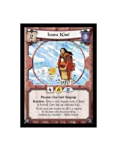 Isawa Kimi (Spanish)  - Phoenix Clan Void Shugenja. Reaction: After a turn begins, even if Kimi is bowed: Give her an element tr