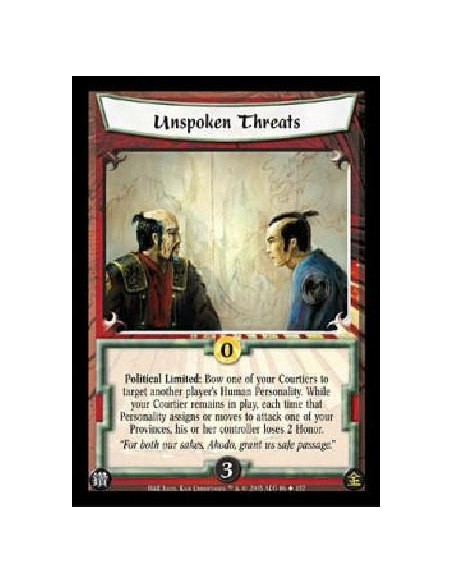 Unspoken Threats  - Political Limited: Bow one of your Courtiers to target another player's Human Personality. While your Courti